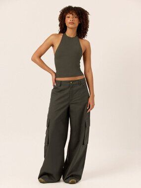 Crop Shop Boutique Wide-Leg Cargo Pants - Deep Olive - Size Small